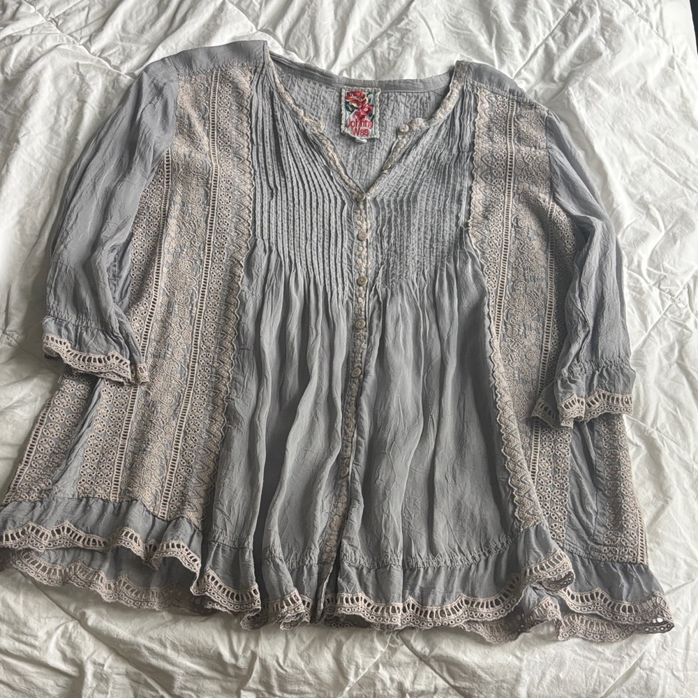 Johnny Was Light Gray Blouse with Lace Details sz S
